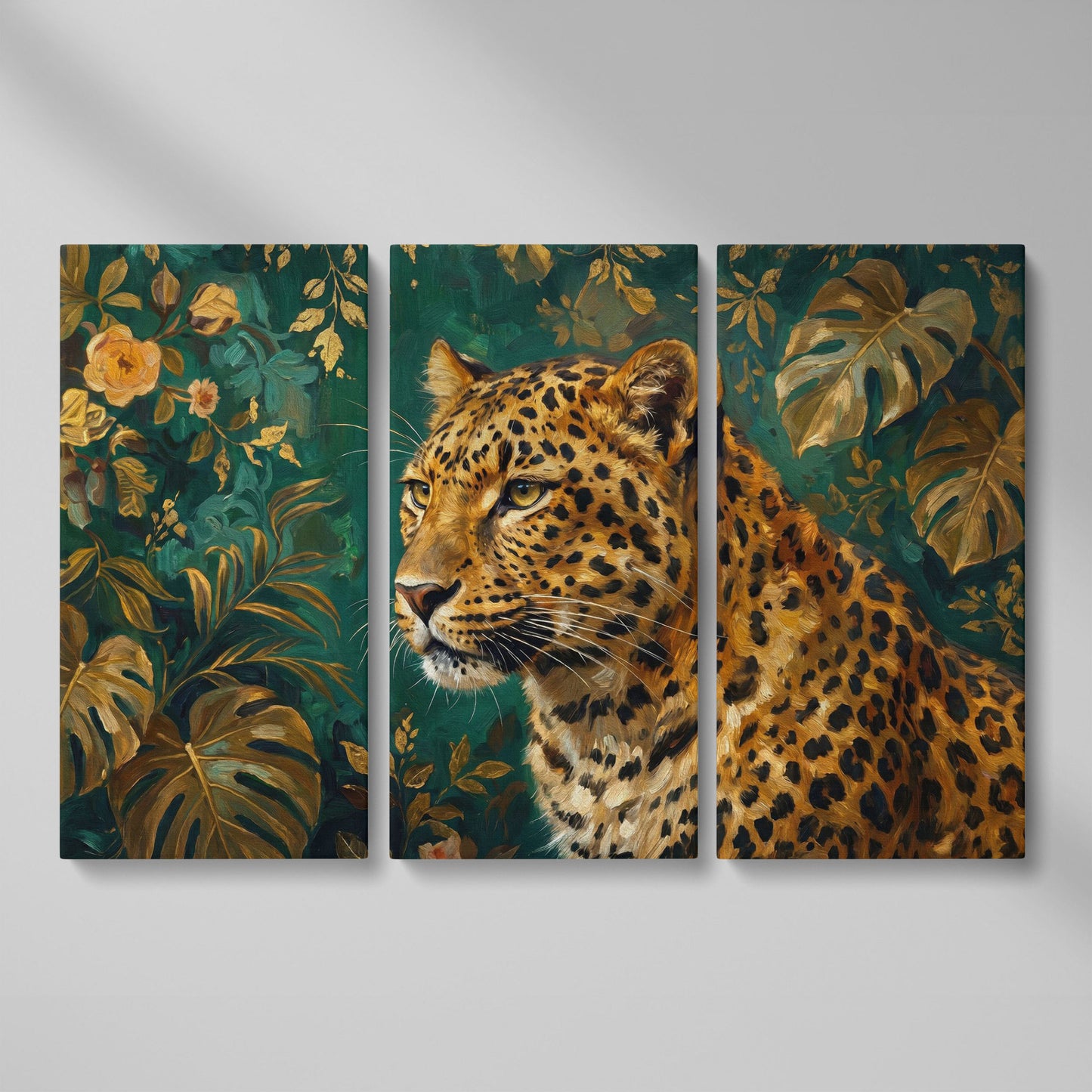 Leopard in Tropical Foliage Canvas Wall Art as 3-panel split version