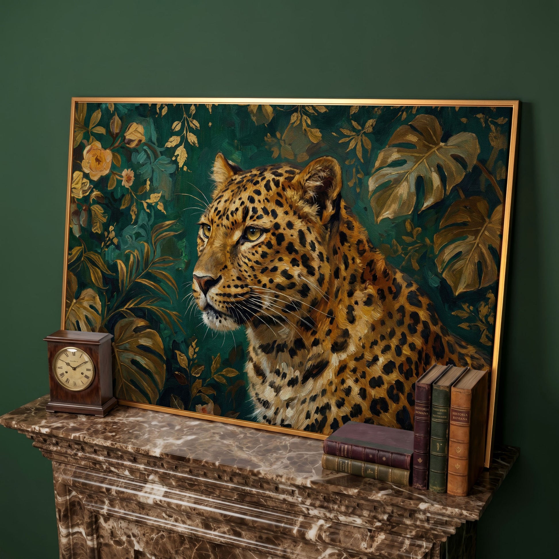 Leopard in Tropical Foliage Canvas Wall Art in antique gold floating frame
