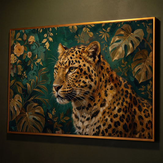 Leopard in Tropical Foliage Canvas Wall Art shown in antique gold floating frame