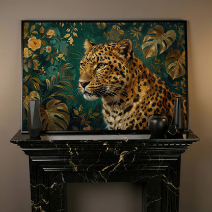 Leopard in Tropical Foliage Canvas Wall Art in black floating frame