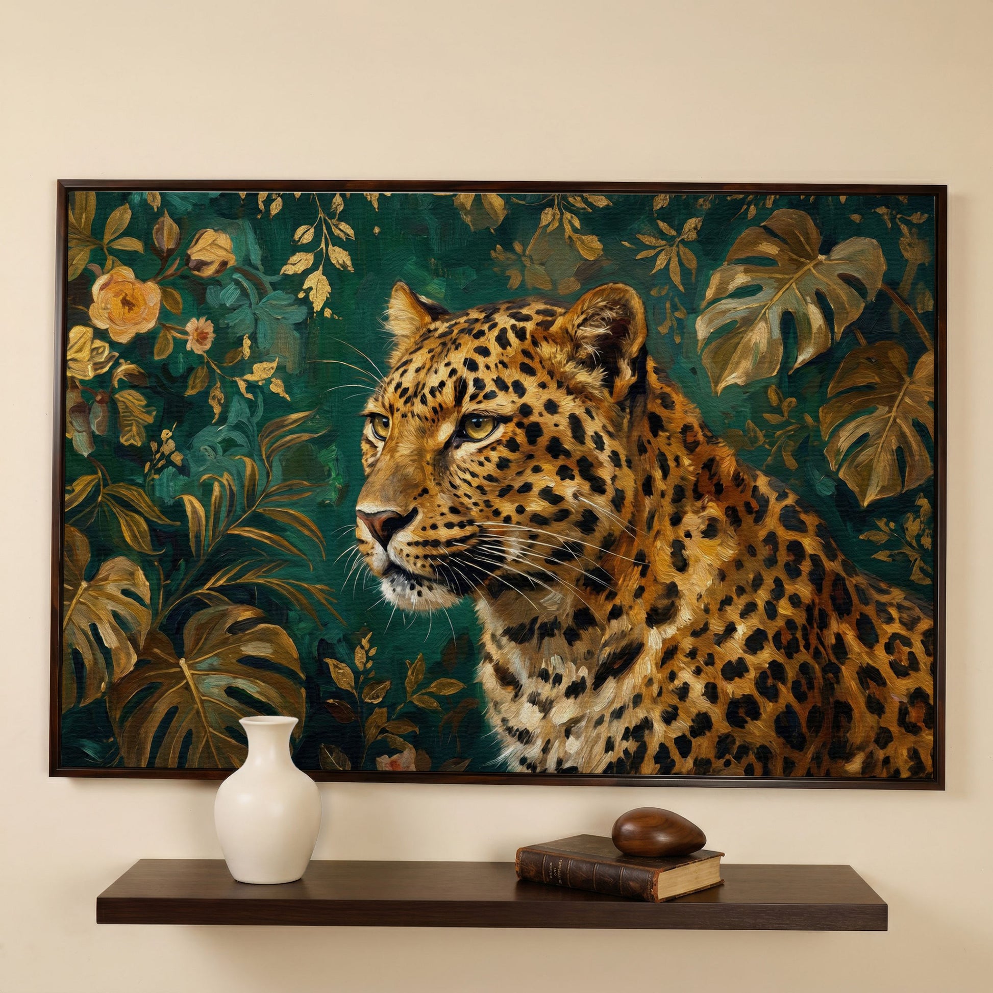 Leopard in Tropical Foliage Canvas Wall Art in dark walnut floating frame