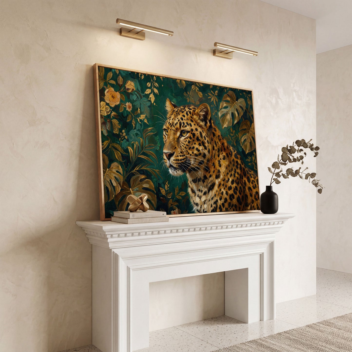Leopard in Tropical Foliage Canvas Wall Art in white oak floating frame