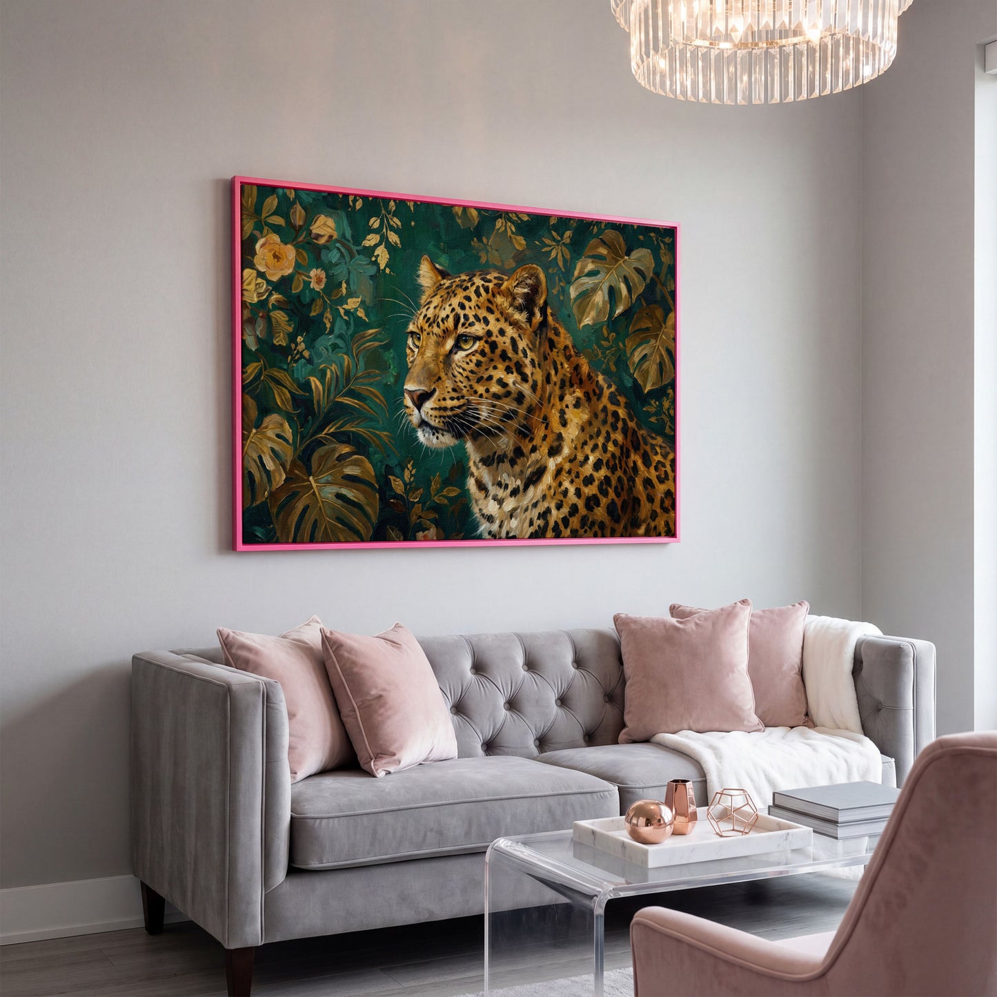 Leopard in Tropical Foliage Canvas Wall Art in pink floating frame