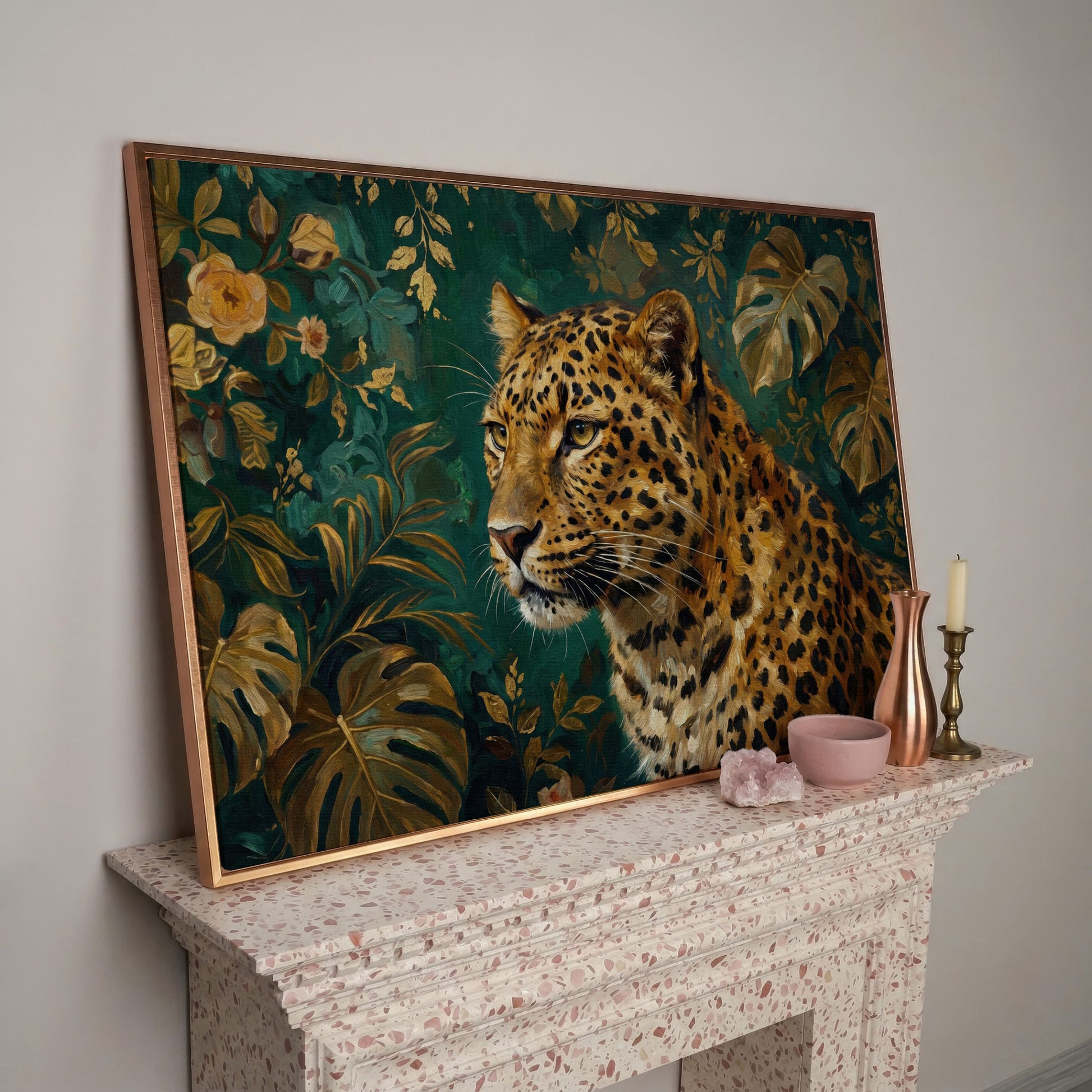 Leopard in Tropical Foliage Canvas Wall Art in rose gold floating frame