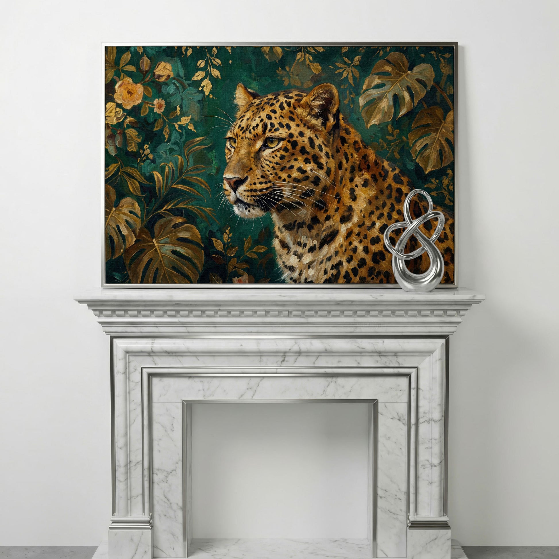 Leopard in Tropical Foliage Canvas Wall Art in silver floating frame