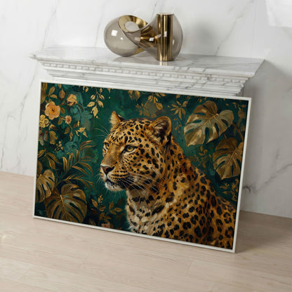 Leopard in Tropical Foliage Canvas Wall Art in white floating frame