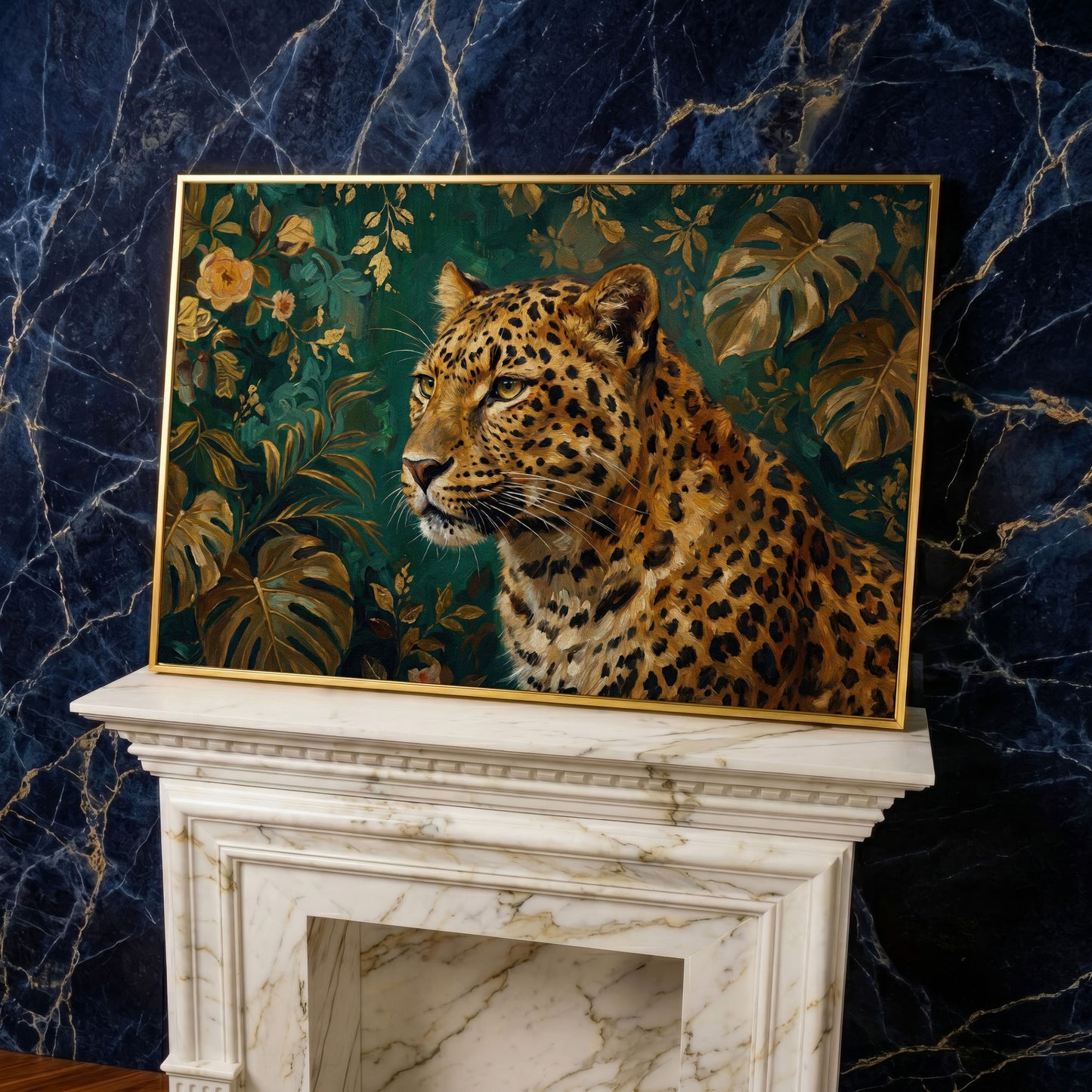 Leopard in Tropical Foliage Canvas Wall Art in yellow gold floating frame