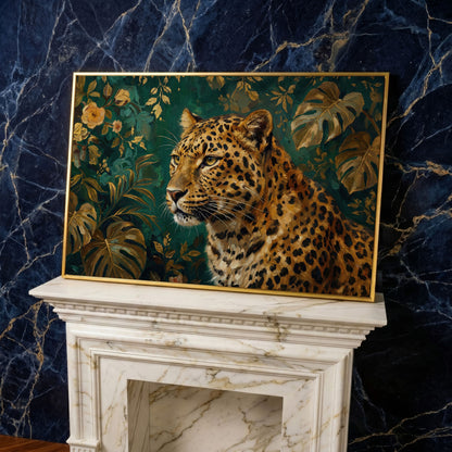 Leopard in Tropical Foliage Canvas Wall Art in yellow gold floating frame