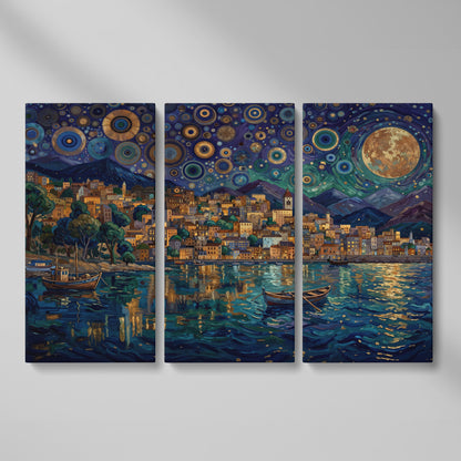 Moonlit City on the Water. Vibrant Night Sky Canvas Art as 3-panel split version