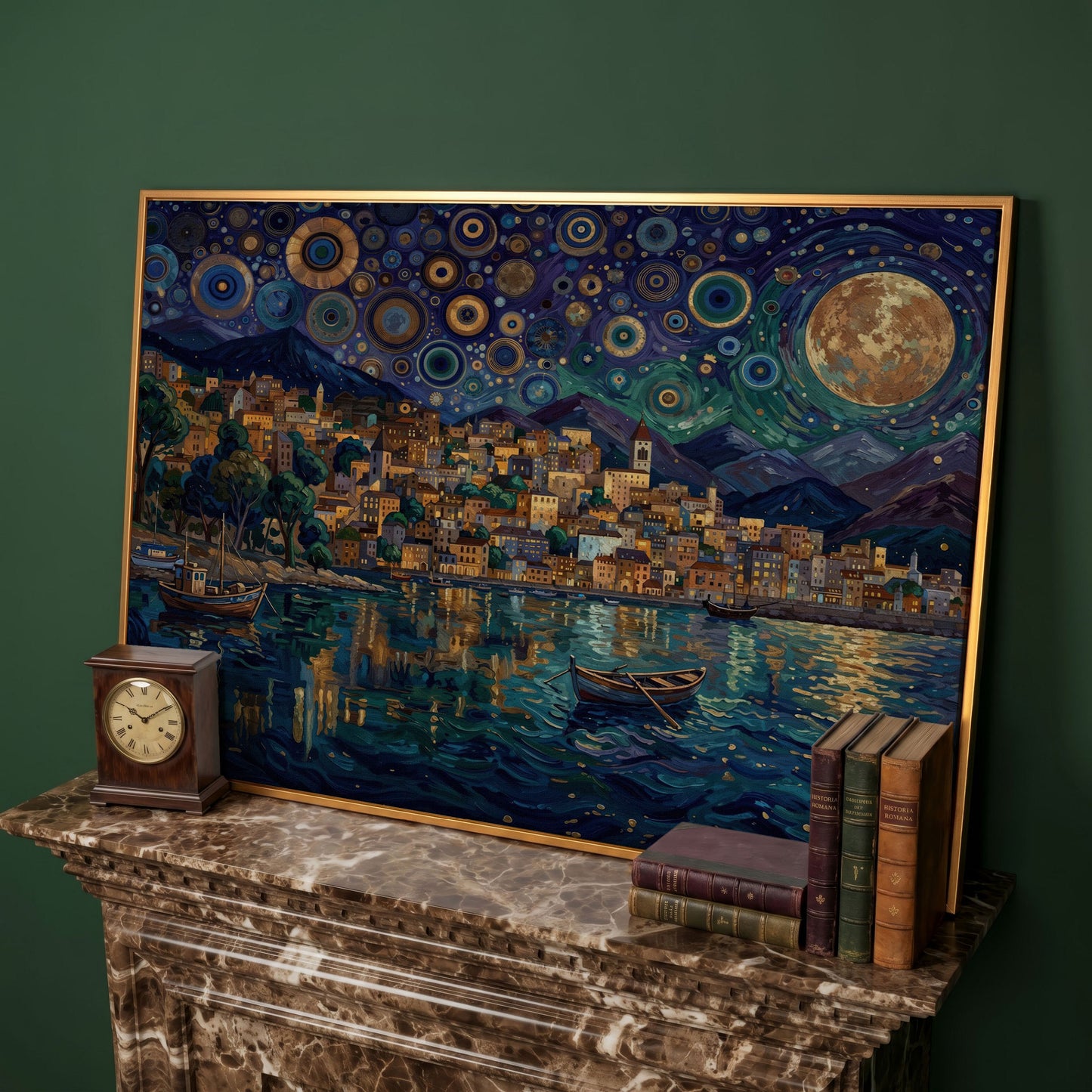 Moonlit City on the Water. Vibrant Night Sky Canvas Art in antique gold floating frame
