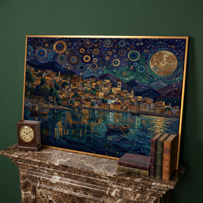 Moonlit City on the Water. Vibrant Night Sky Canvas Art in antique gold floating frame