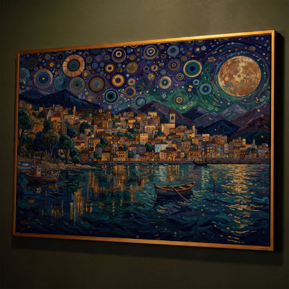 Moonlit City on the Water. Vibrant Night Sky Canvas Art shown in antique gold floating frame