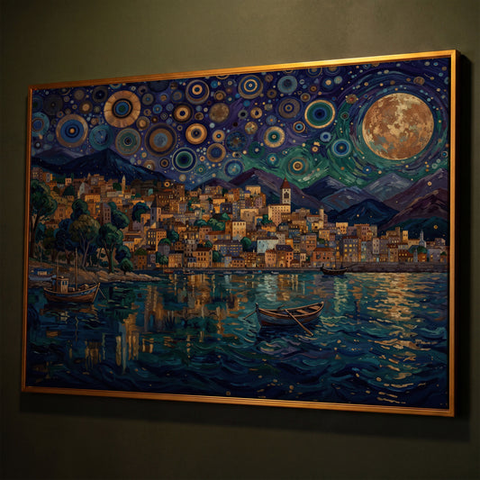 Moonlit City on the Water. Vibrant Night Sky Canvas Art shown in antique gold floating frame