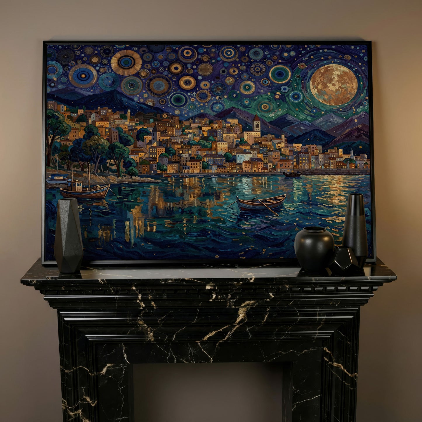 Moonlit City on the Water. Vibrant Night Sky Canvas Art in black floating frame