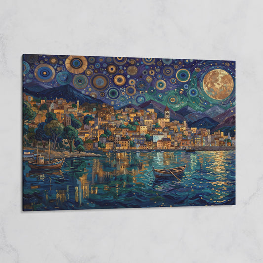 Moonlit City on the Water. Vibrant Night Sky Canvas Art on gallery wrap