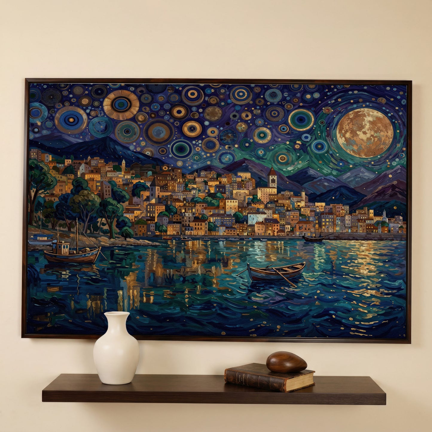 Moonlit City on the Water. Vibrant Night Sky Canvas Art in dark walnut floating frame
