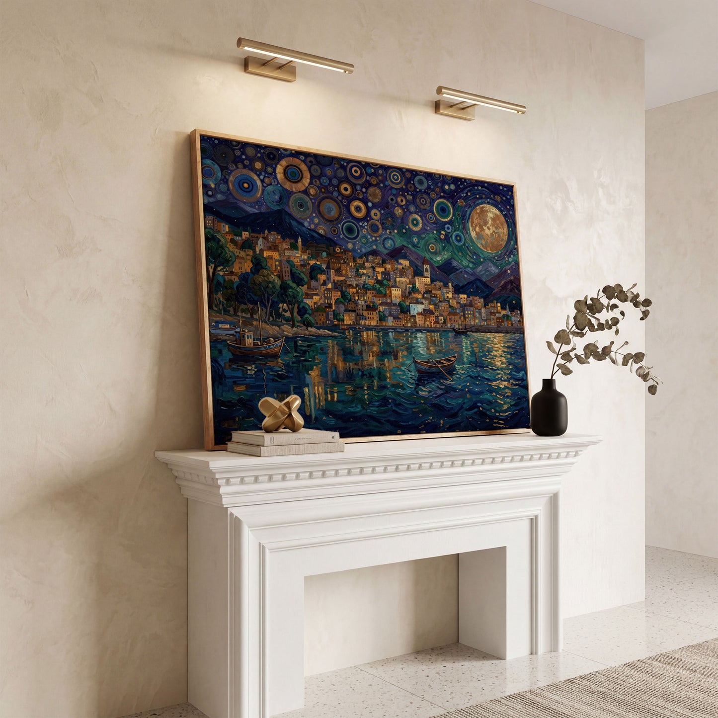Moonlit City on the Water. Vibrant Night Sky Canvas Art in white oak floating frame