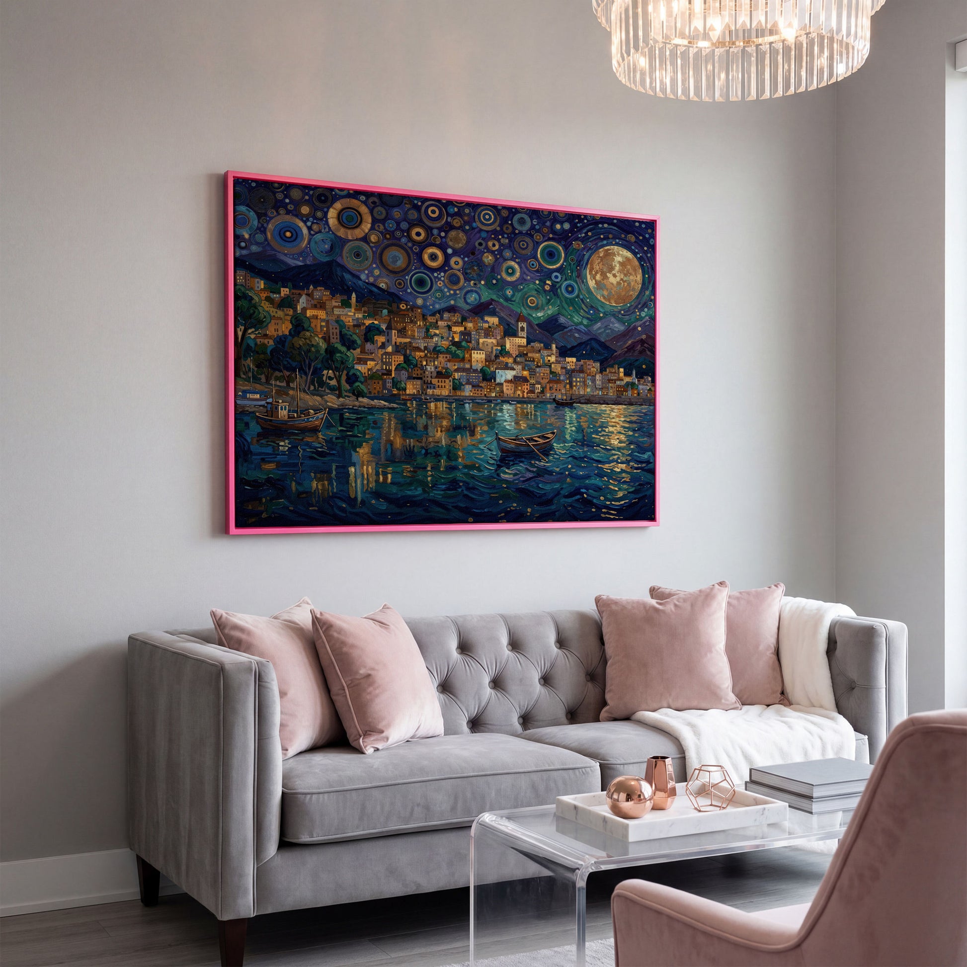 Moonlit City on the Water. Vibrant Night Sky Canvas Art in pink floating frame