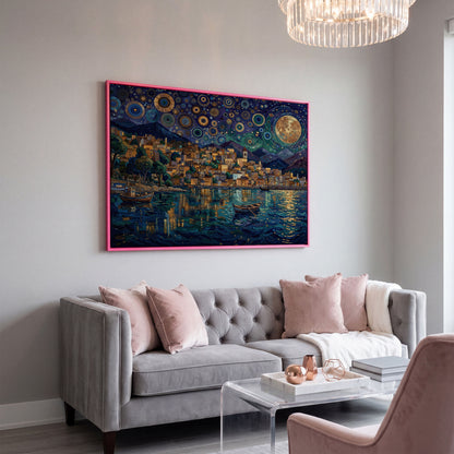 Moonlit City on the Water. Vibrant Night Sky Canvas Art in pink floating frame