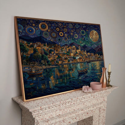 Moonlit City on the Water. Vibrant Night Sky Canvas Art in rose gold floating frame