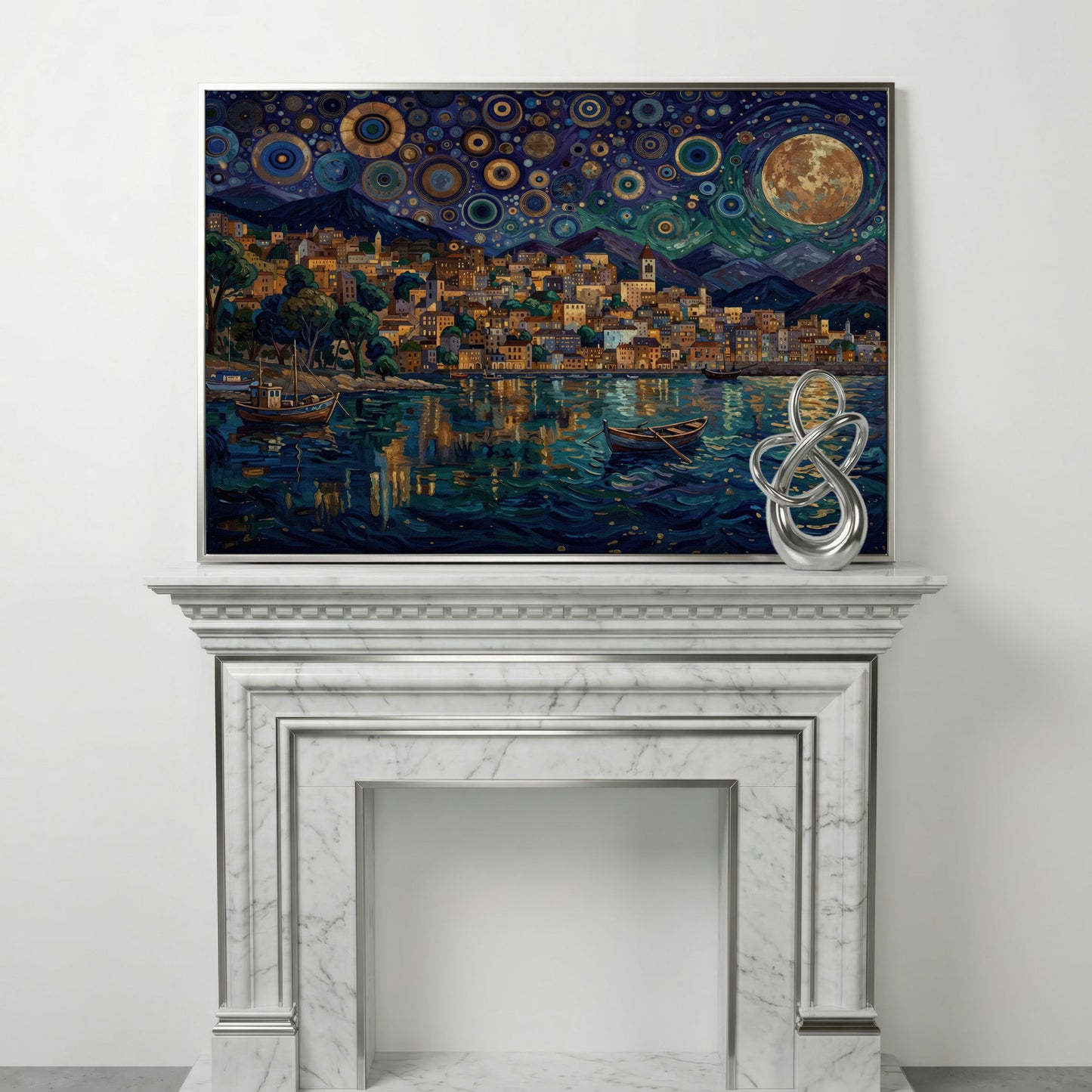 Moonlit City on the Water. Vibrant Night Sky Canvas Art in silver floating frame