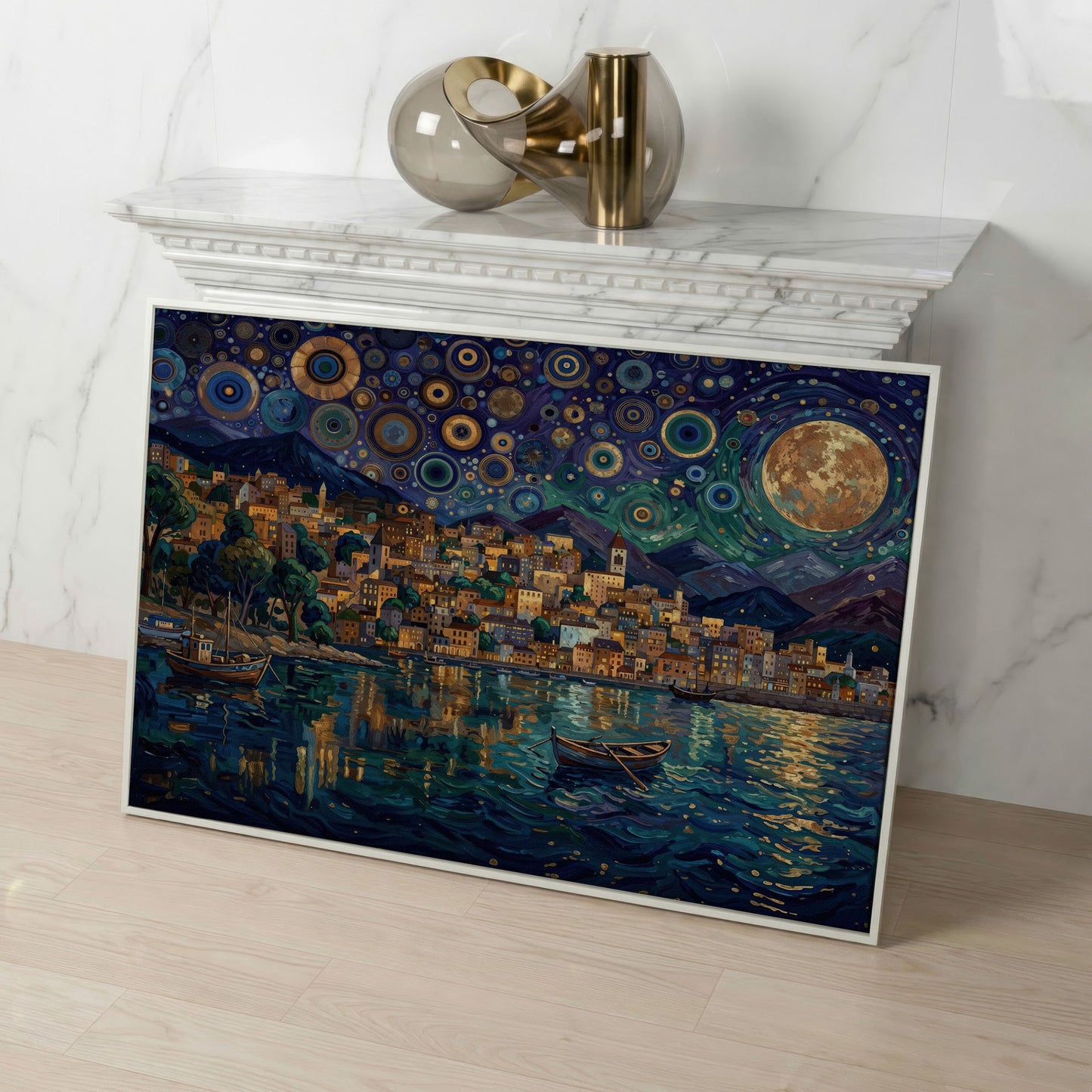 Moonlit City on the Water. Vibrant Night Sky Canvas Art in white floating frame