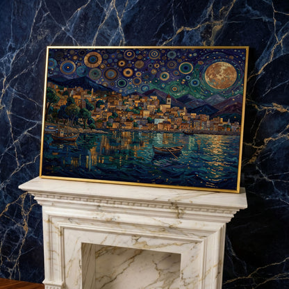 Moonlit City on the Water. Vibrant Night Sky Canvas Art in yellow gold floating frame