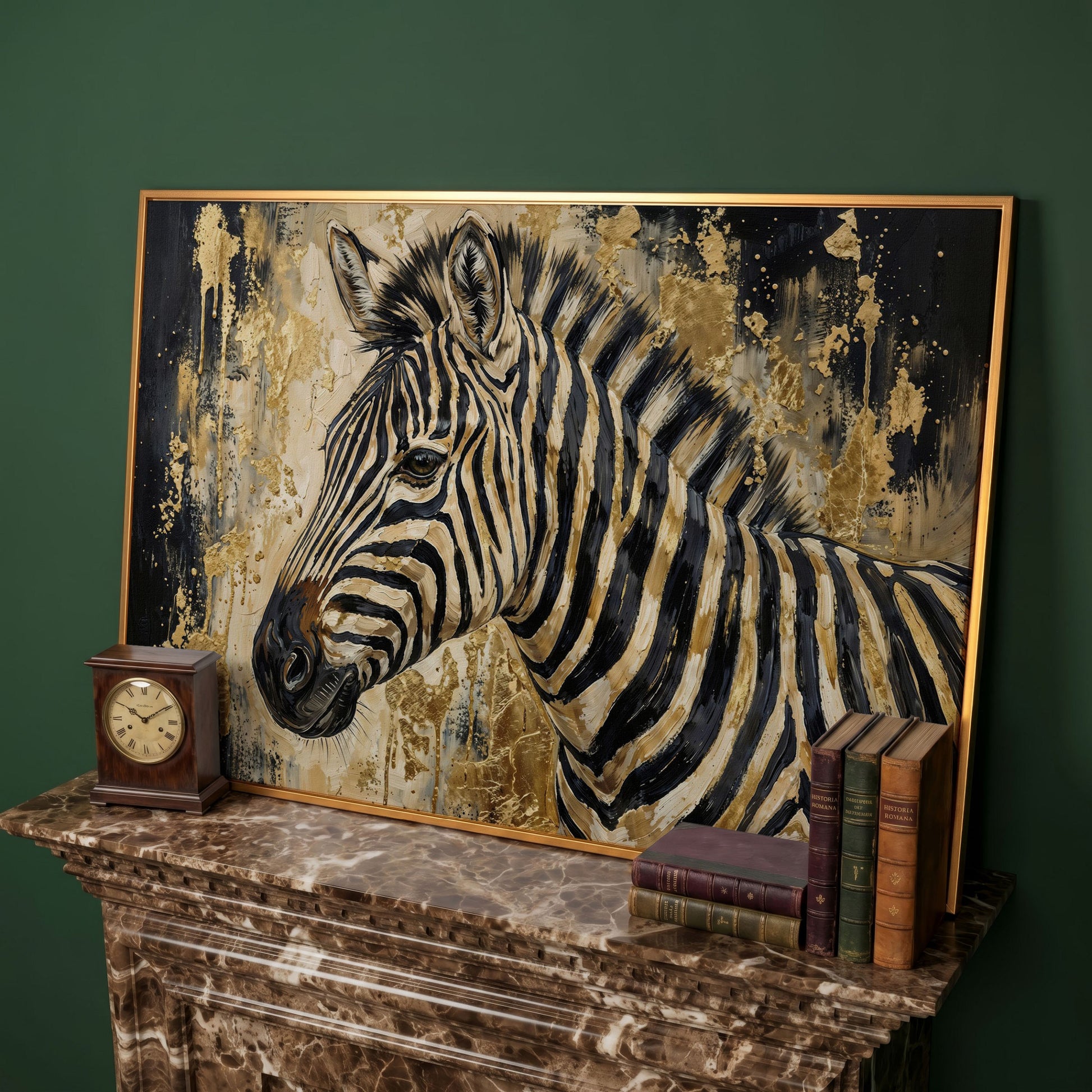 Zebra Close-Up Portrait Canvas Wall Art in antique gold floating frame