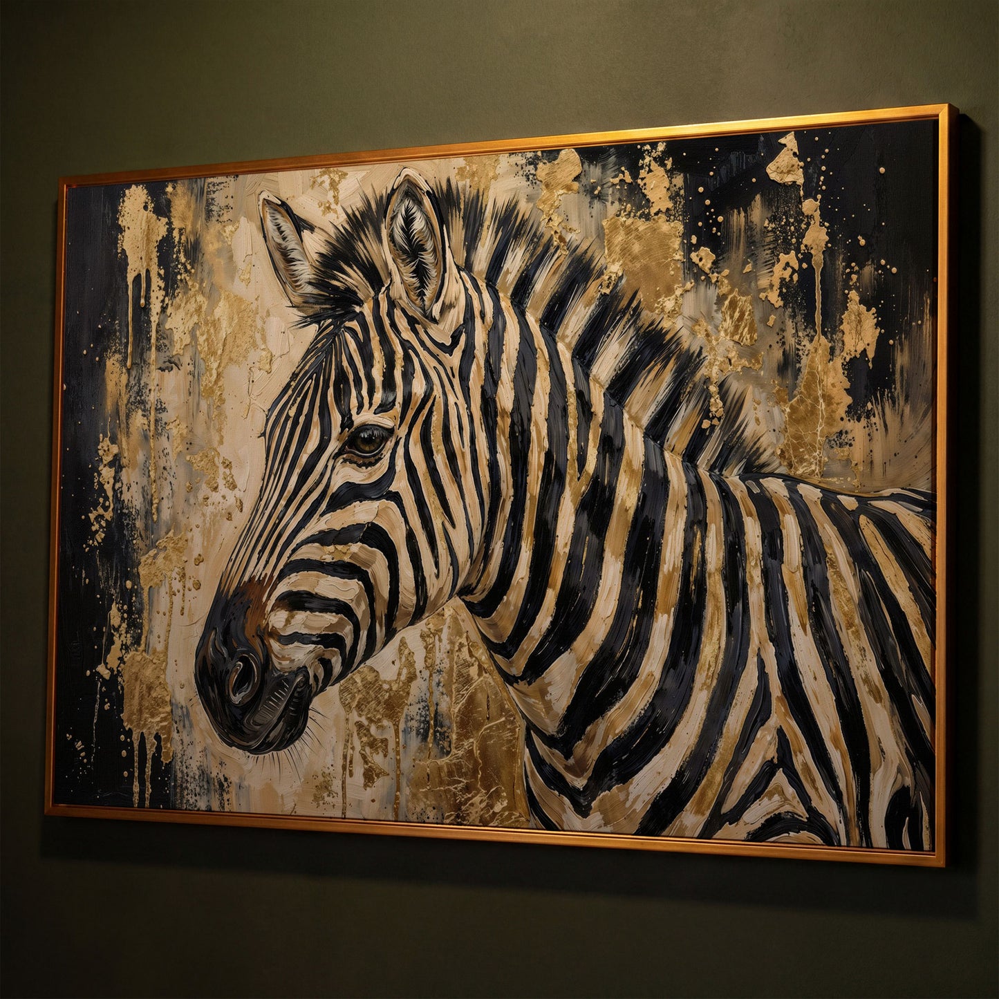 Zebra Close-Up Portrait Canvas Wall Art shown in antique gold floating frame