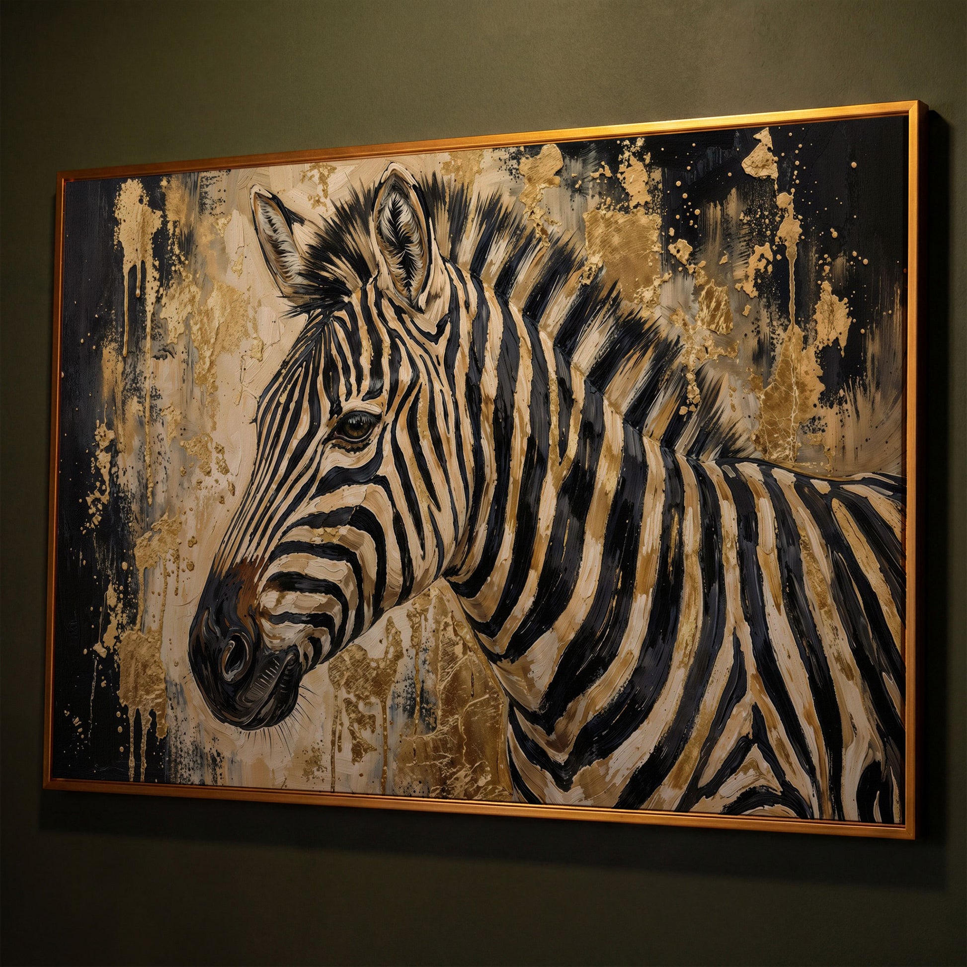 Zebra Close-Up Portrait Canvas Wall Art shown in antique gold floating frame