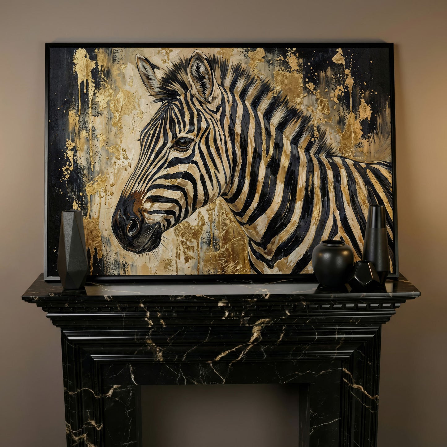 Zebra Close-Up Portrait Canvas Wall Art in black floating frame