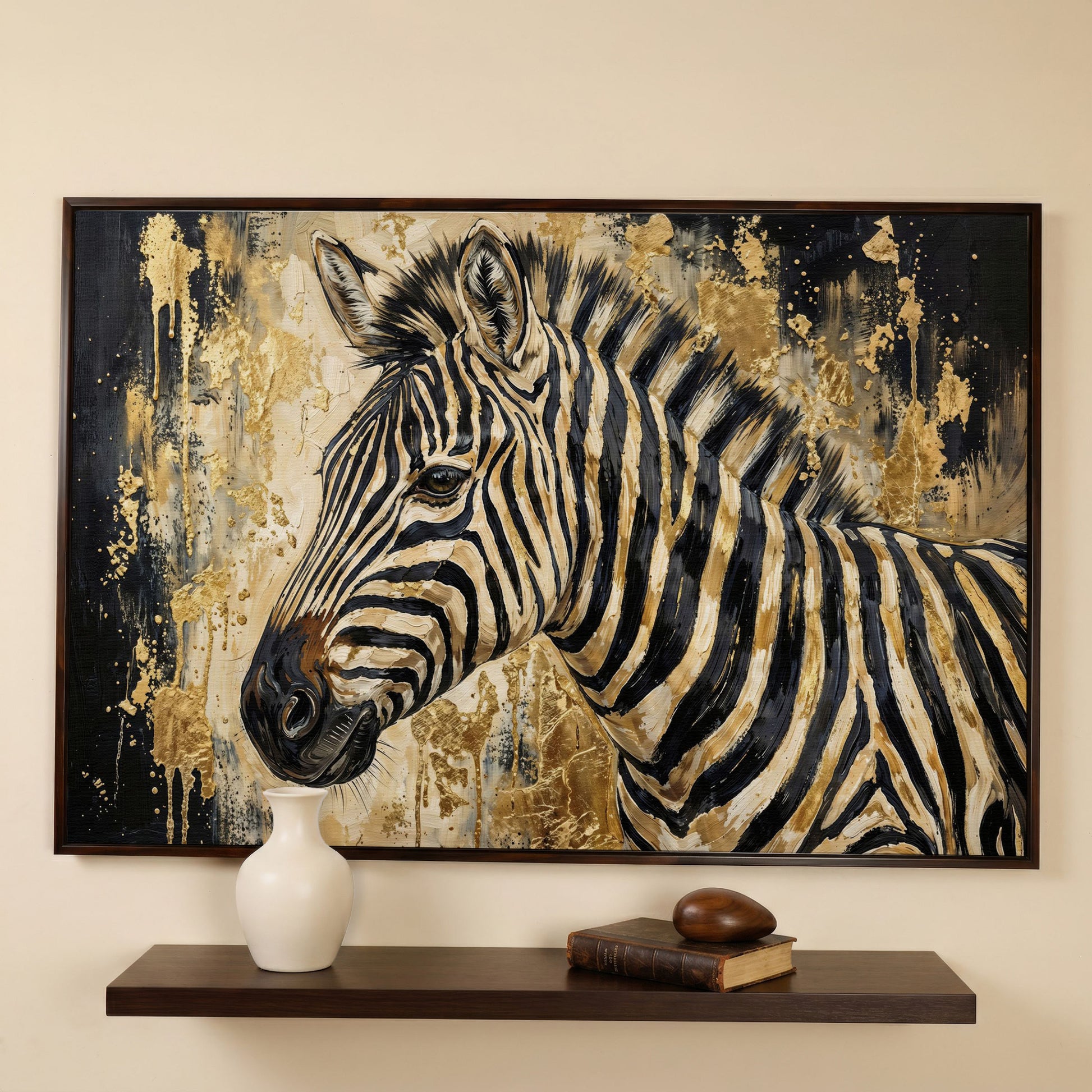 Zebra Close-Up Portrait Canvas Wall Art in dark walnut floating frame