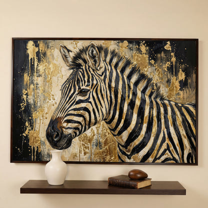 Zebra Close-Up Portrait Canvas Wall Art in dark walnut floating frame