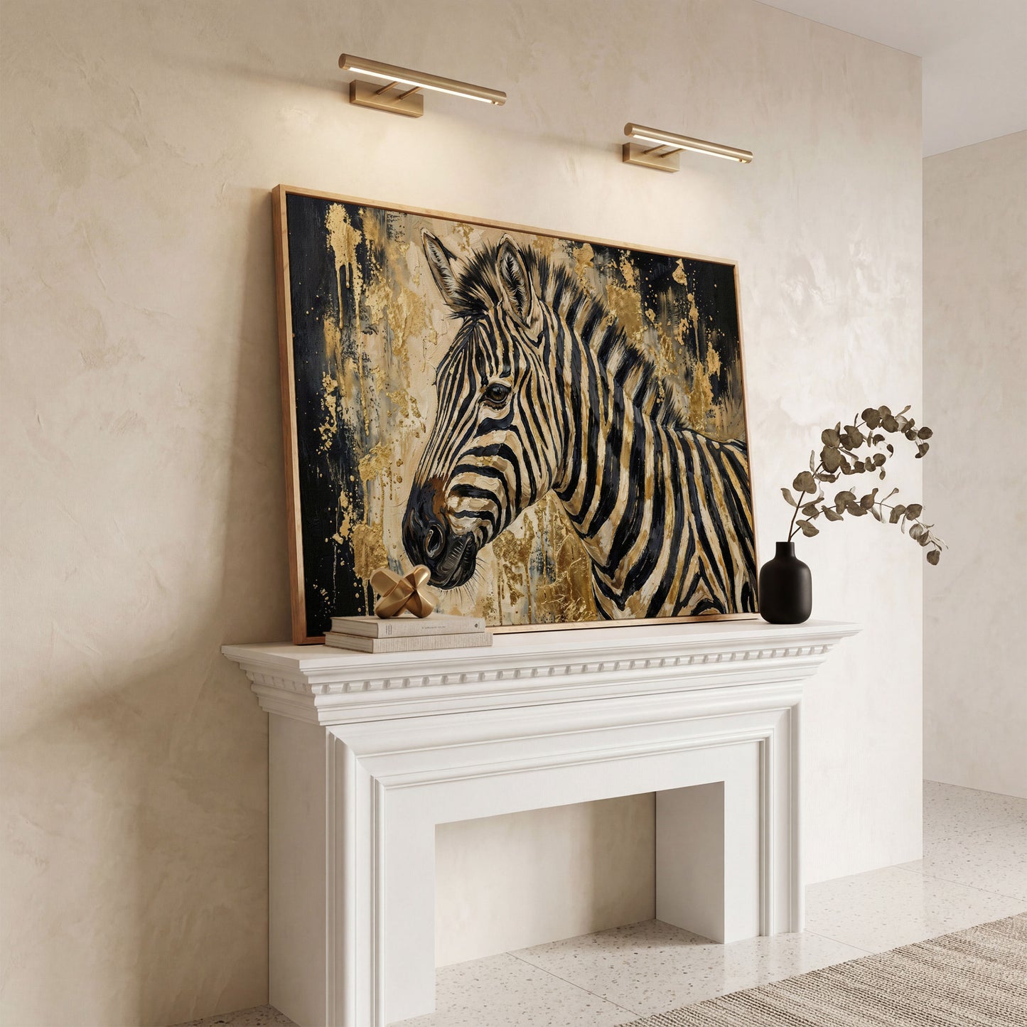 Zebra Close-Up Portrait Canvas Wall Art in white oak floating frame