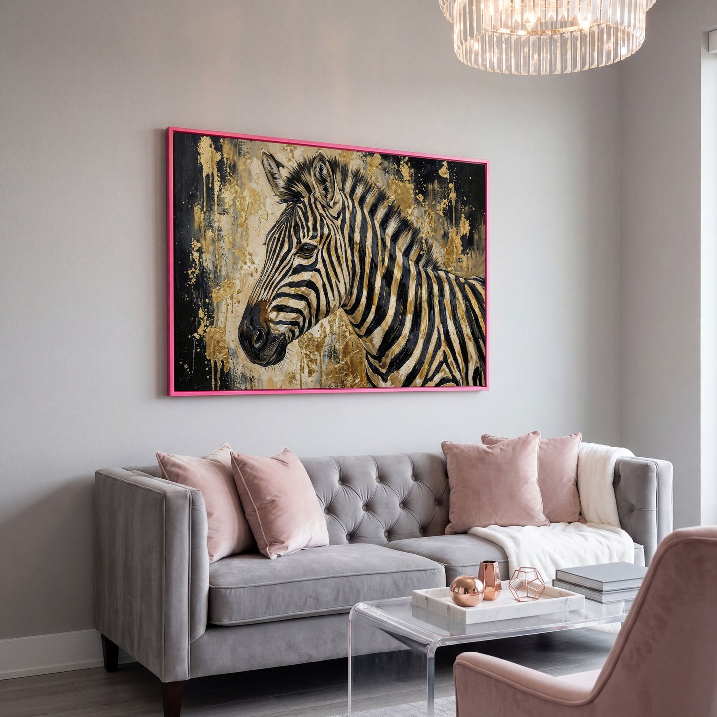 Zebra Close-Up Portrait Canvas Wall Art in pink floating frame