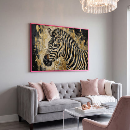 Zebra Close-Up Portrait Canvas Wall Art in pink floating frame