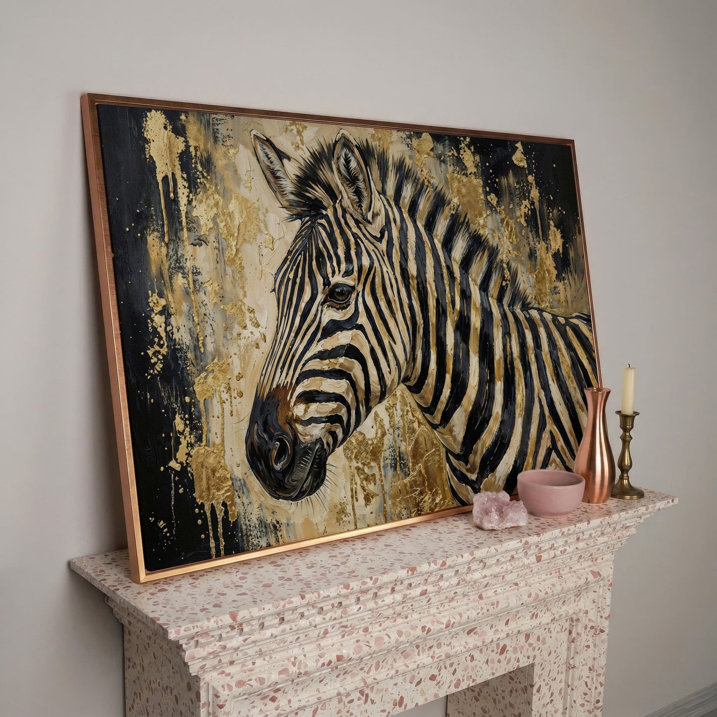 Zebra Close-Up Portrait Canvas Wall Art in rose gold floating frame