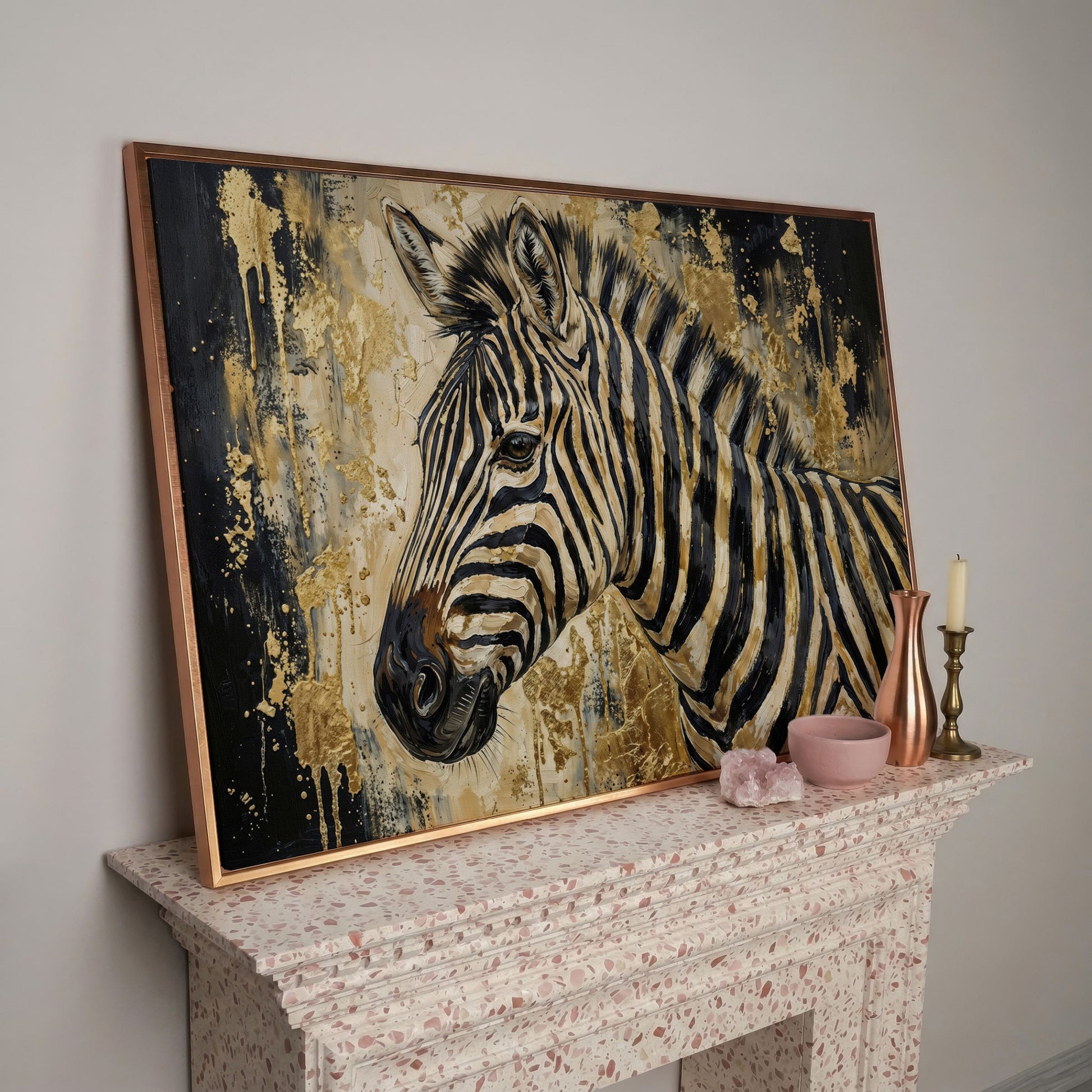 Zebra Close-Up Portrait Canvas Wall Art in rose gold floating frame