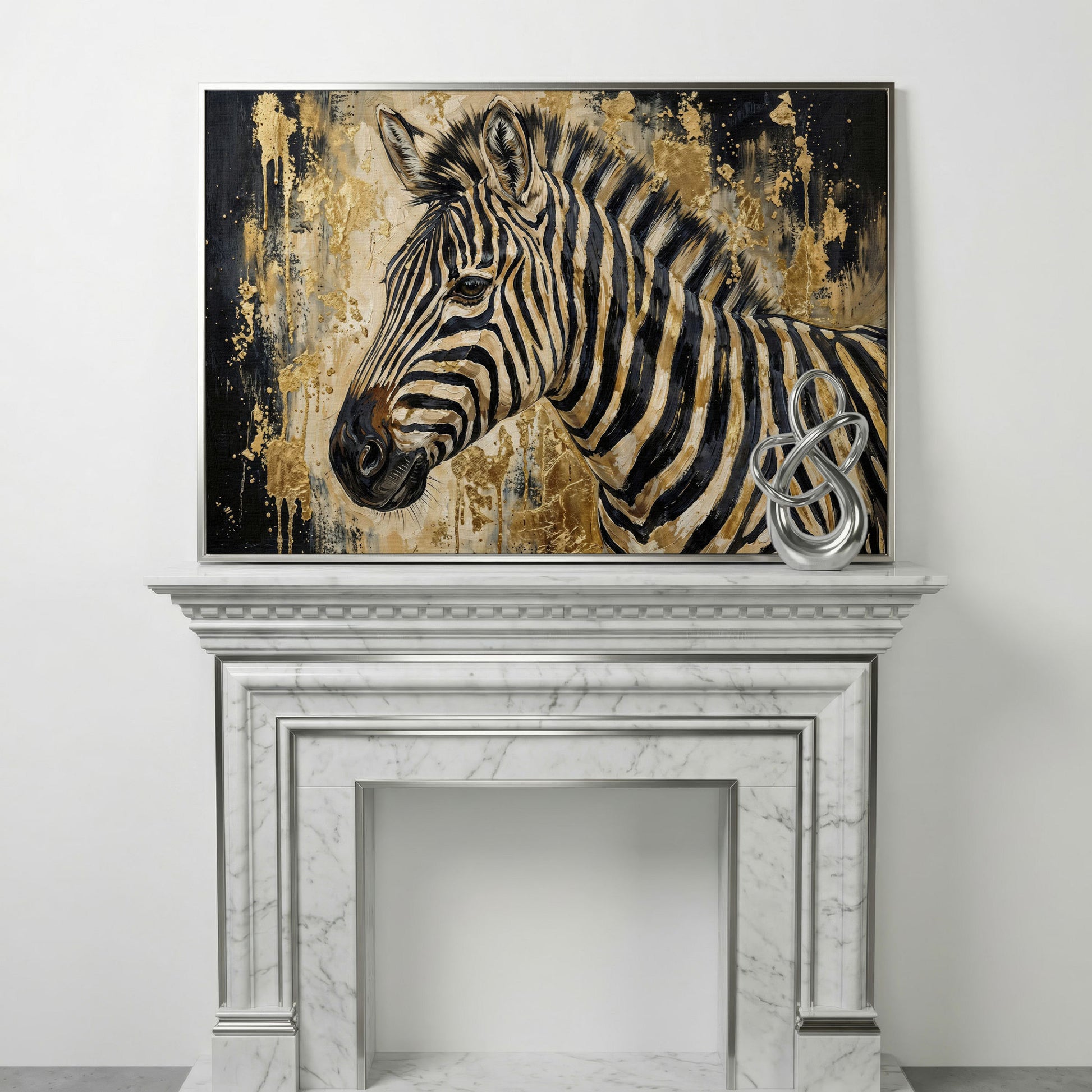 Zebra Close-Up Portrait Canvas Wall Art in silver floating frame