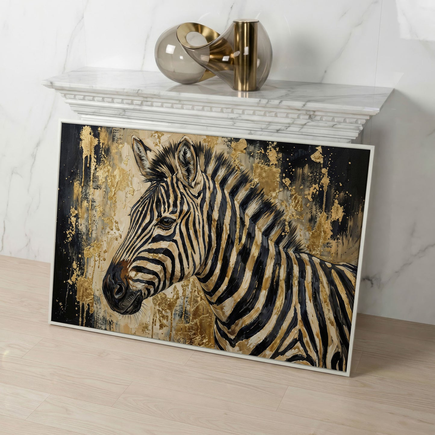 Zebra Close-Up Portrait Canvas Wall Art in white floating frame