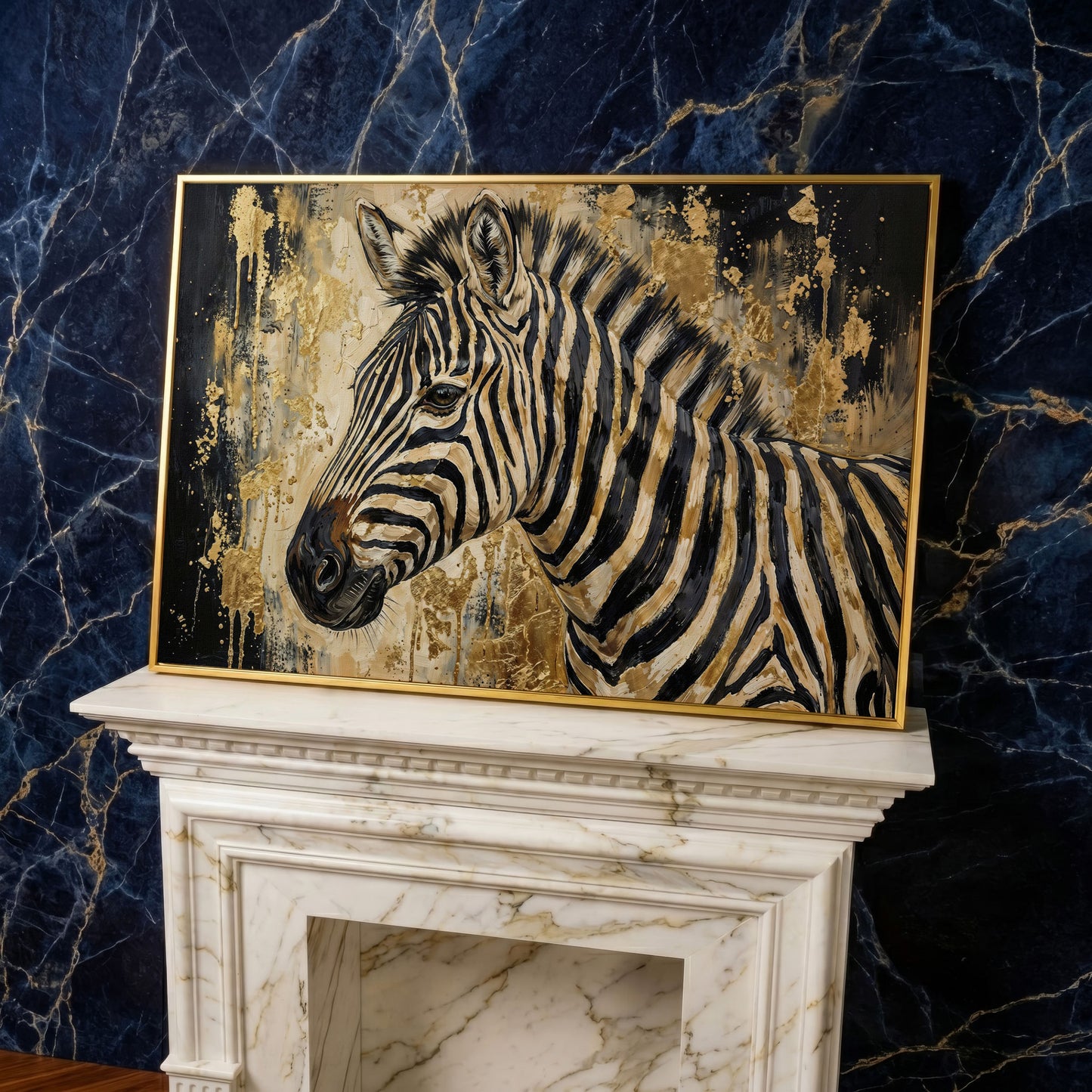 Zebra Close-Up Portrait Canvas Wall Art in yellow gold floating frame