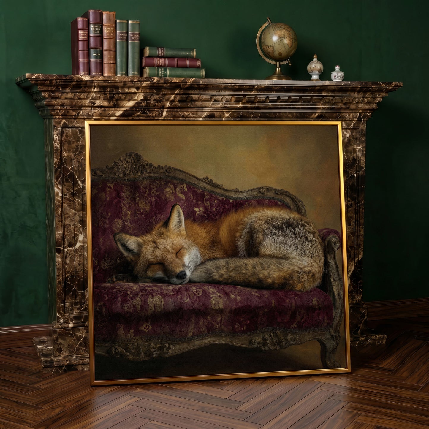 Fox Napping on an Antique Couch. Square Canvas Art in antique gold floating frame