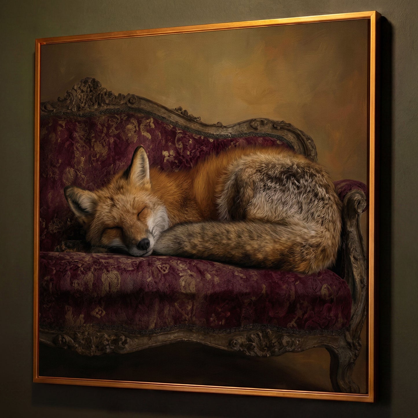 Fox Napping on an Antique Couch. Square Canvas Art shown in antique gold floating frame
