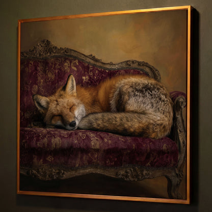 Fox Napping on an Antique Couch. Square Canvas Art shown in antique gold floating frame