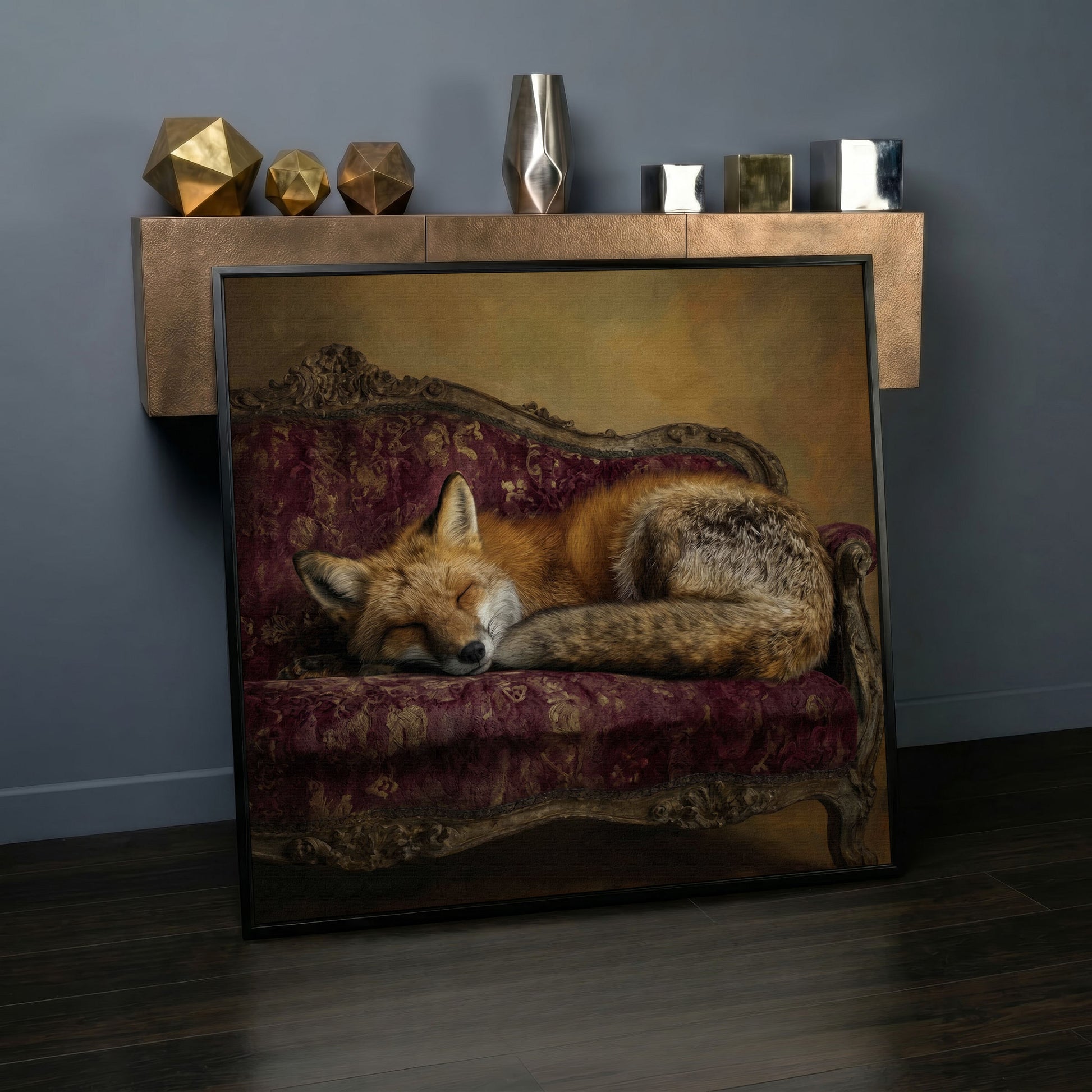 Fox Napping on an Antique Couch. Square Canvas Art in black floating frame