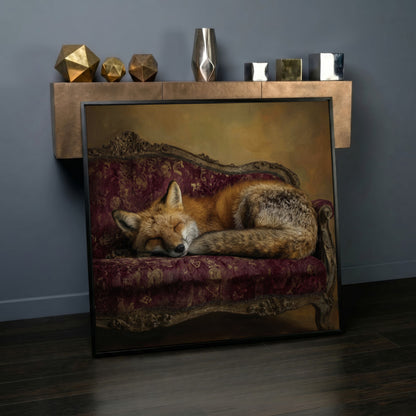 Fox Napping on an Antique Couch. Square Canvas Art in black floating frame