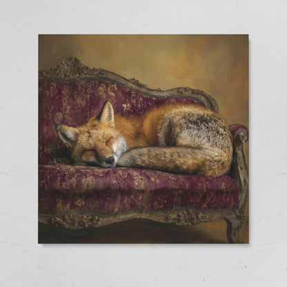 Fox Napping on an Antique Couch. Square Canvas Art on gallery wrap
