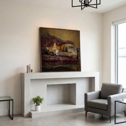 Fox Napping on an Antique Couch. Square Canvas Art in dark walnut floating frame