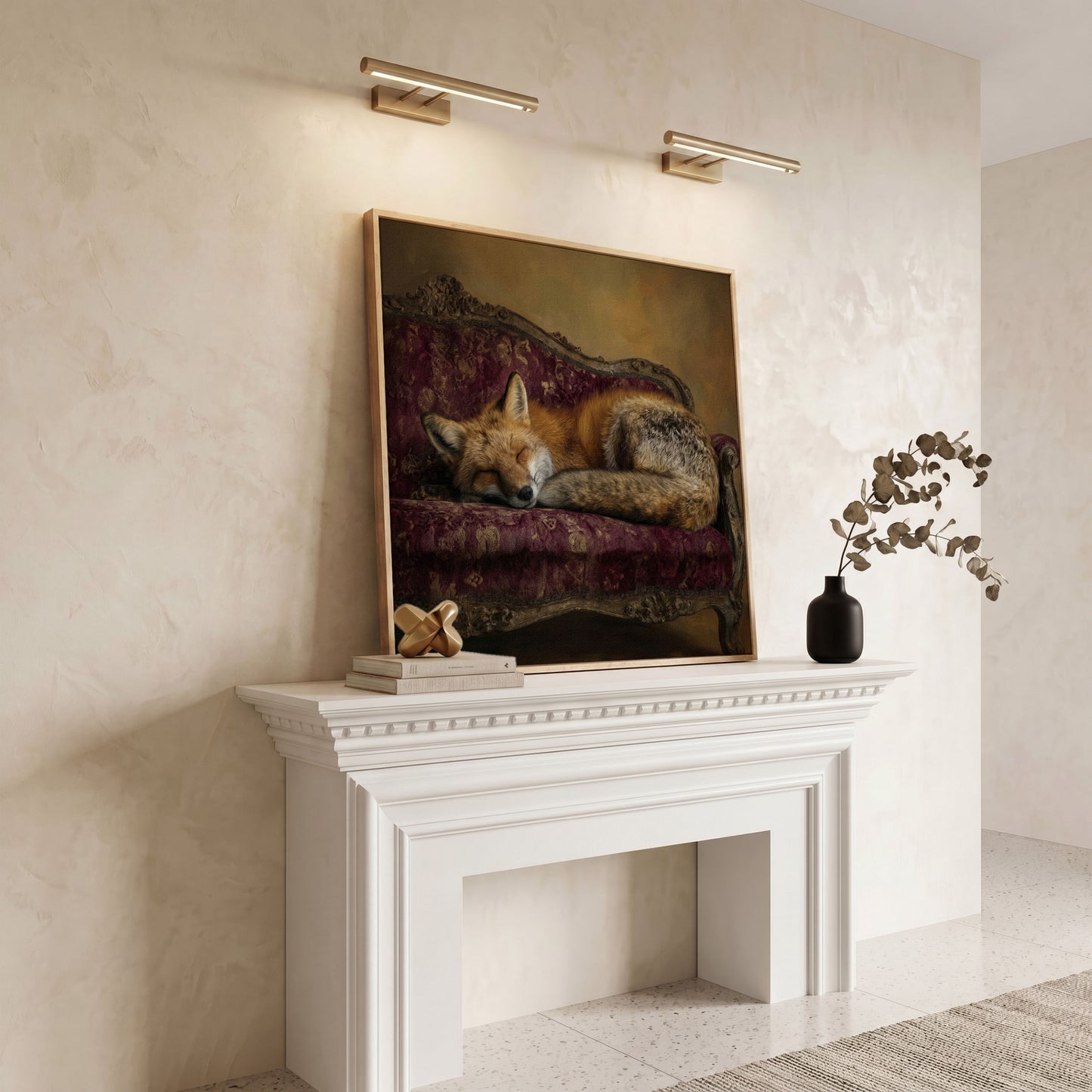 Fox Napping on an Antique Couch. Square Canvas Art in white oak floating frame
