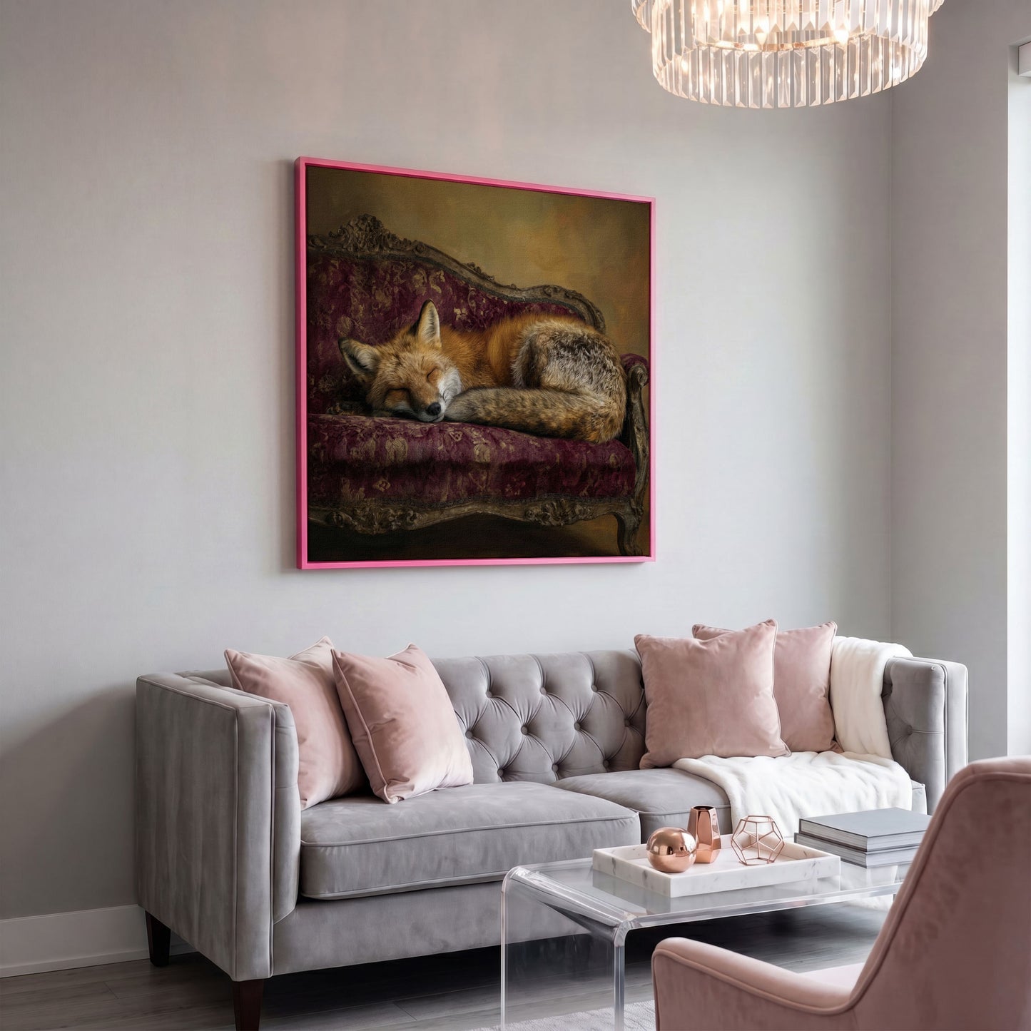 Fox Napping on an Antique Couch. Square Canvas Art in pink floating frame